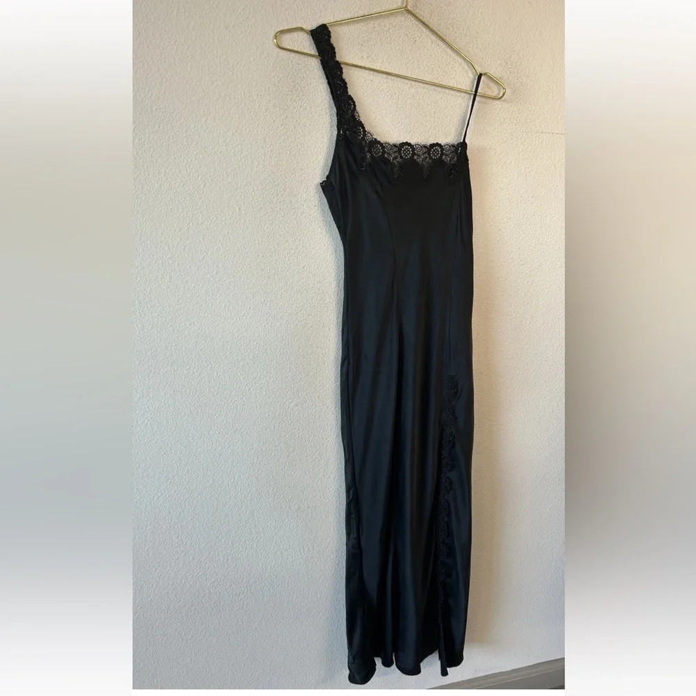 Vintage Y2K Black Silk Slip Dress Lace One Shoulder Maxi Goth S/M - Picture 9 of 13